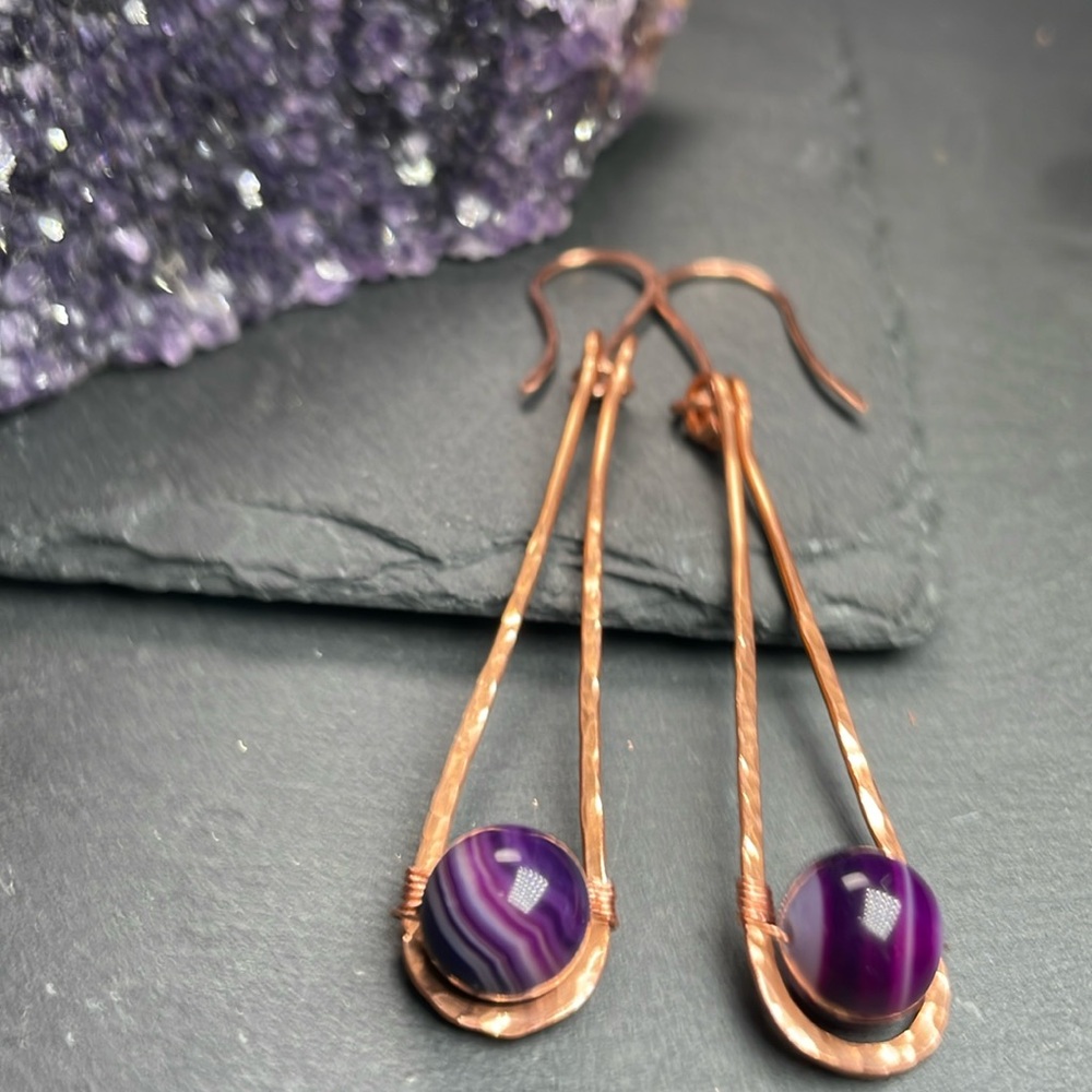 Purple Crazy Laced Agate Hammered Copper Dangle Earrings - Picture 8 of 11